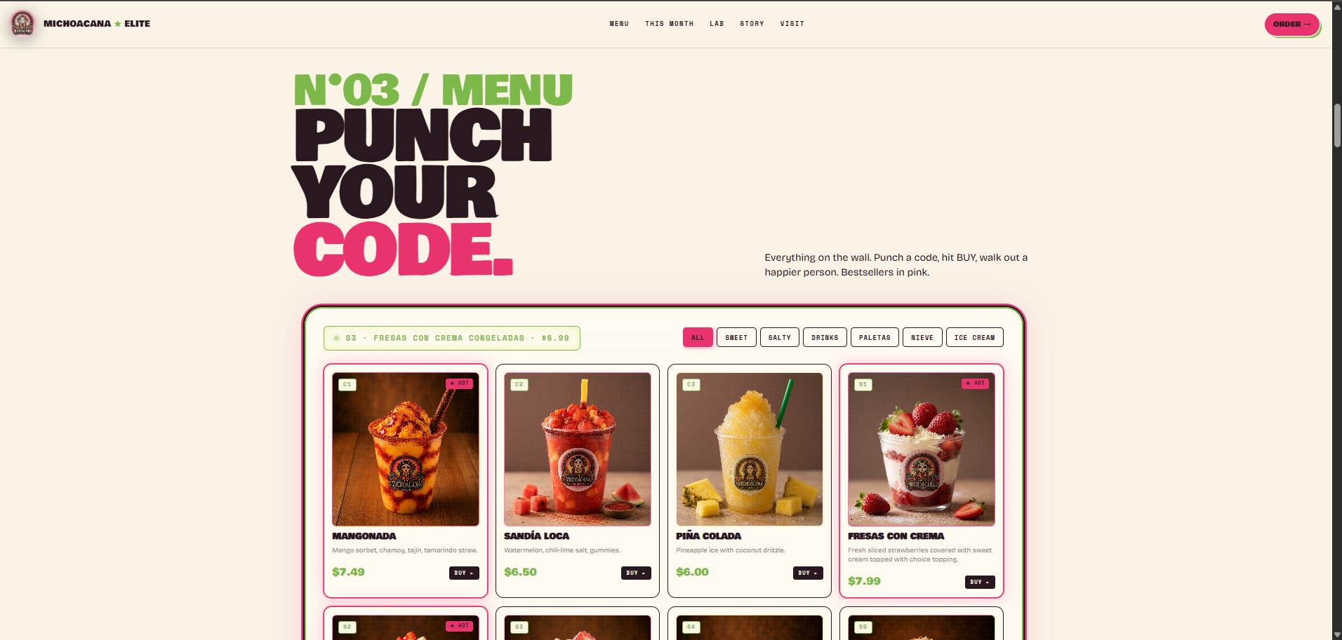 La Michoacana Elite — menu page