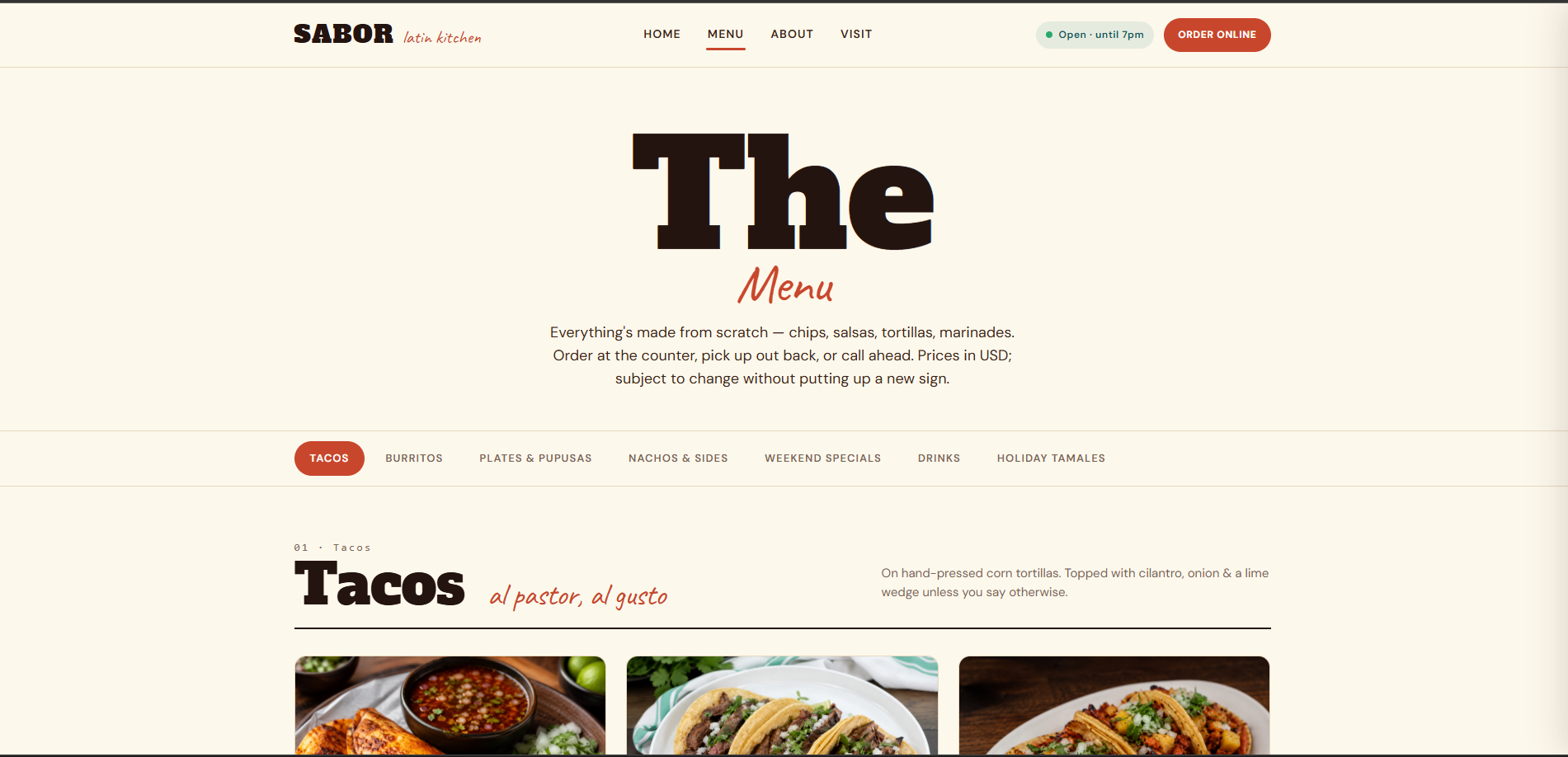 Sabor — menu page